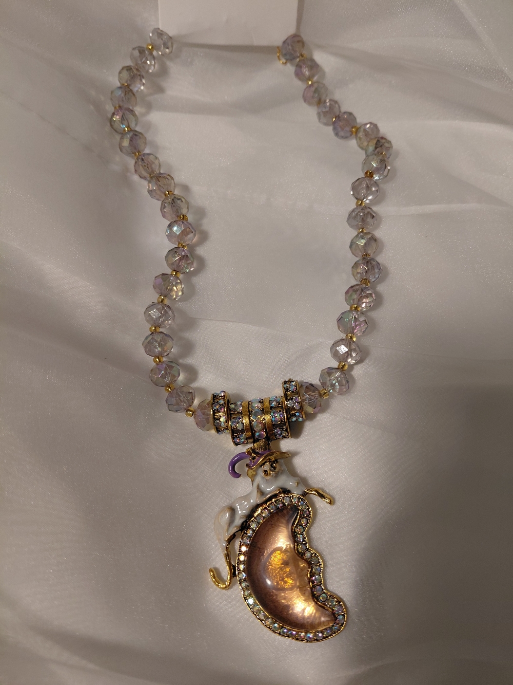 Aurora Iridescent Beaded Necklace with Moon Charm